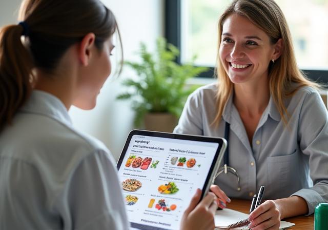 Nutricionista explicando un plan alimenticio personalizado a un cliente